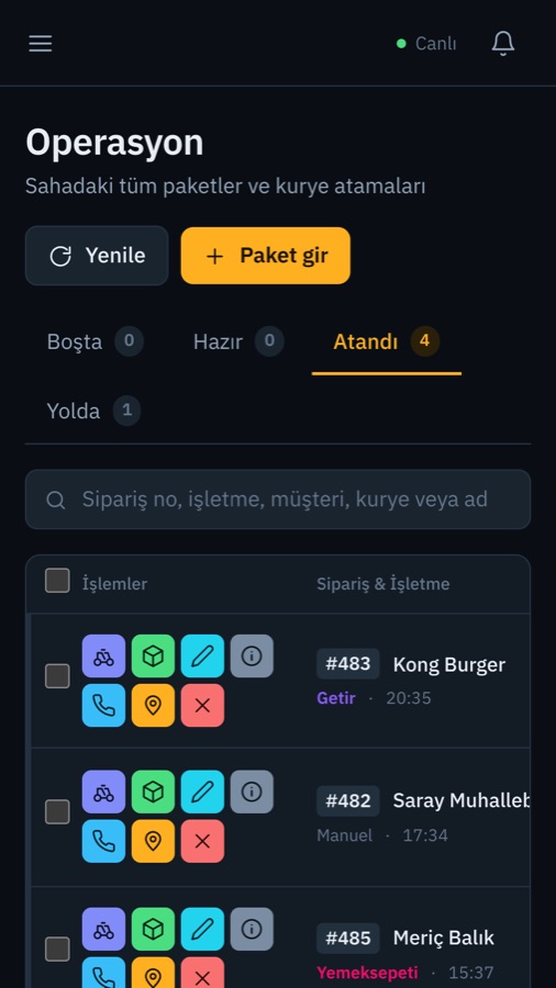 Yönetici panelinde paket listesi ve kurye atama işlemleri